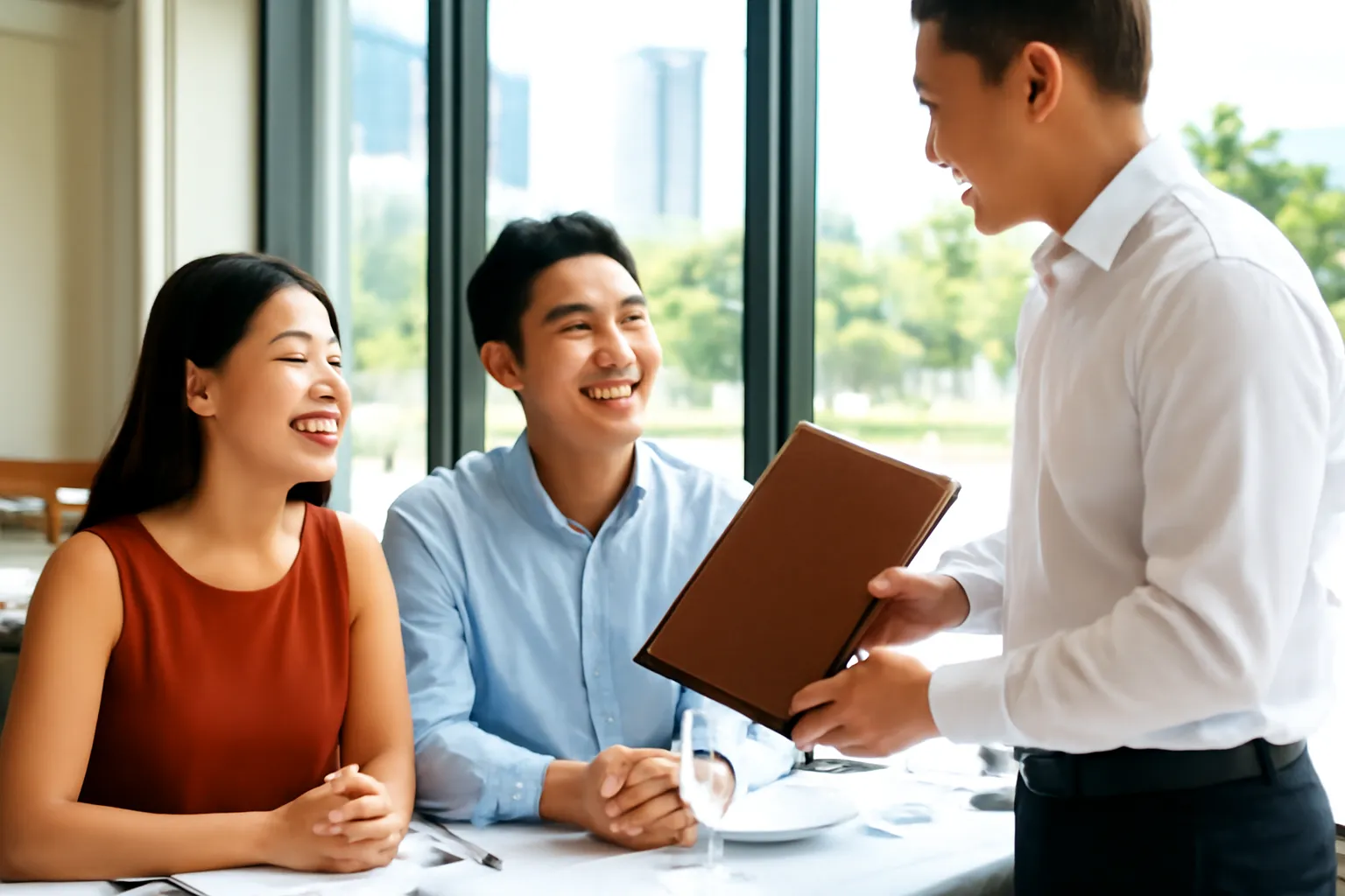 Người phục vụ cúi nhẹ đưa thực đơn bìa da cho cặp đôi