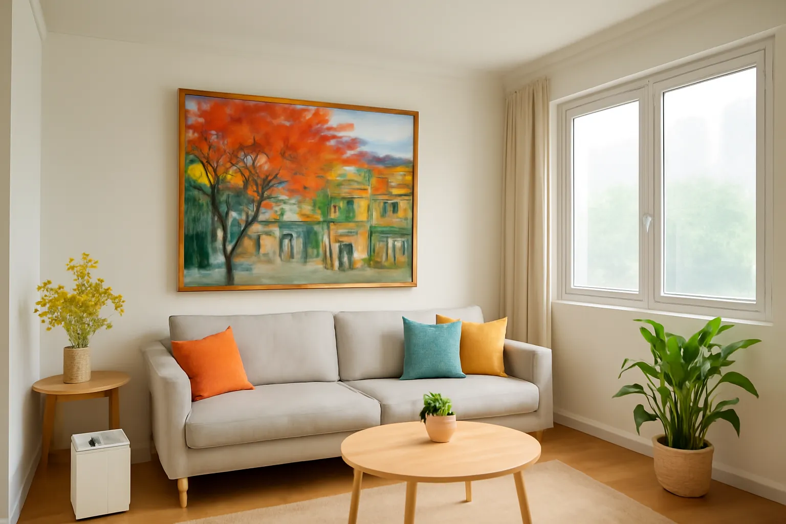 Máy hút ẩm nhỏ đặt trong phòng khách có treo tranh lớn