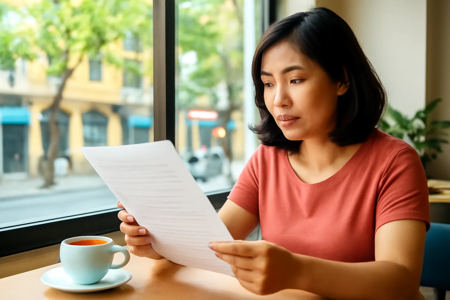Người phụ nữ đọc kỹ báo cáo in bên bàn cà phê sáng