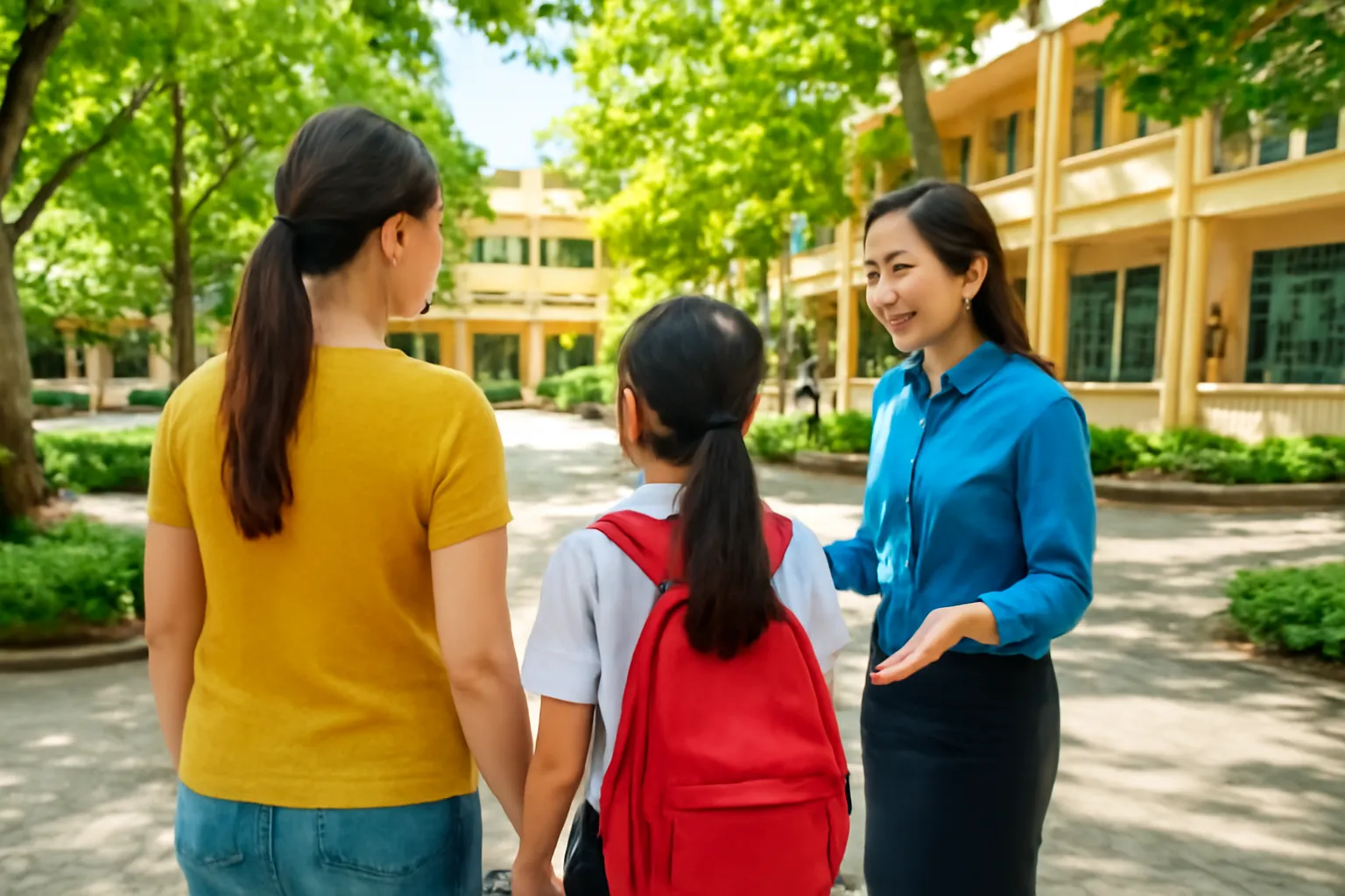 Mẹ và con gái đi dạo quanh khuôn viên trường trong buổi tham quan