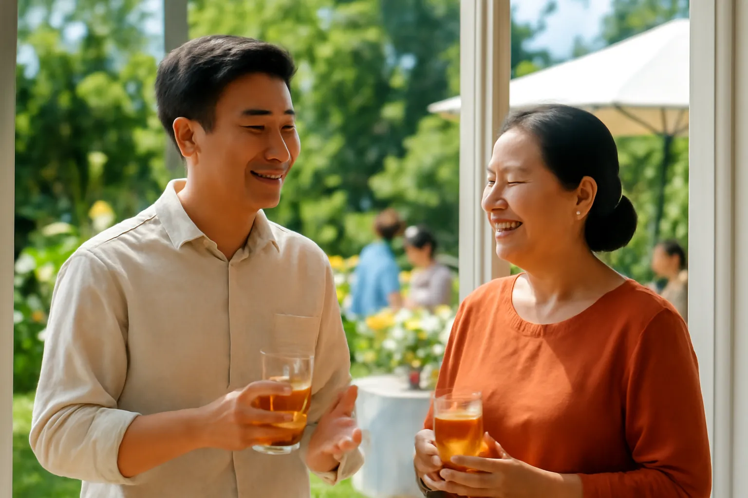 Hai vị khách trò chuyện vui vẻ bên cửa sổ trong buổi tiệc chiều