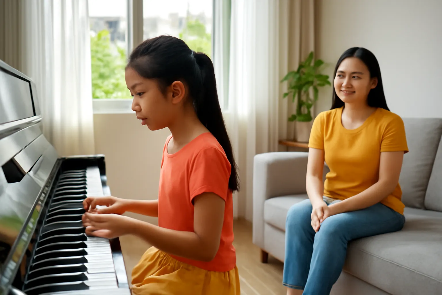 Cô bé ngồi tập đàn piano bên cửa sổ sáng buổi chiều