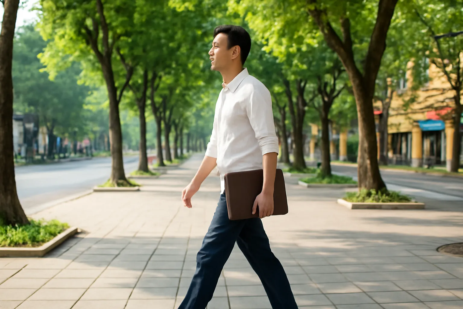 Người đàn ông bước thong thả trên vỉa hè rợp bóng cây buổi sáng