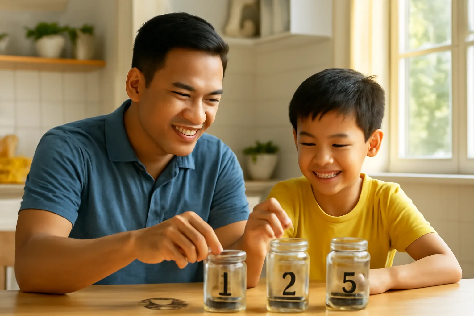 Người cha và cậu con trai cùng đếm tiền vào ba chiếc hũ