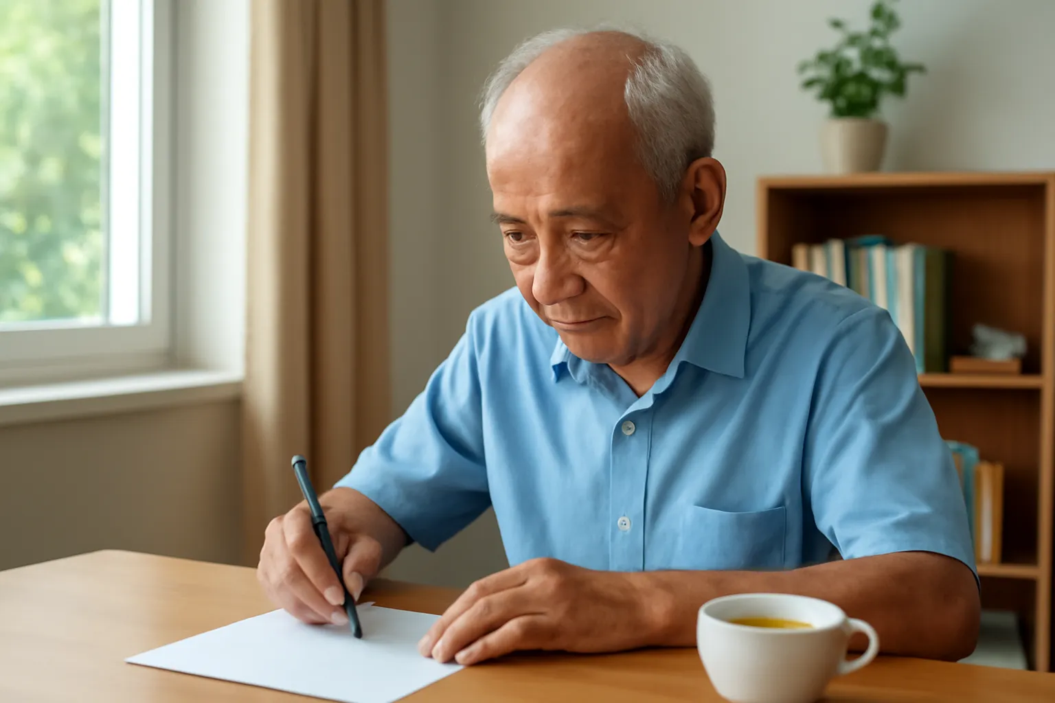 Người đàn ông lớn tuổi ngồi viết bên bàn gỗ cạnh cửa sổ