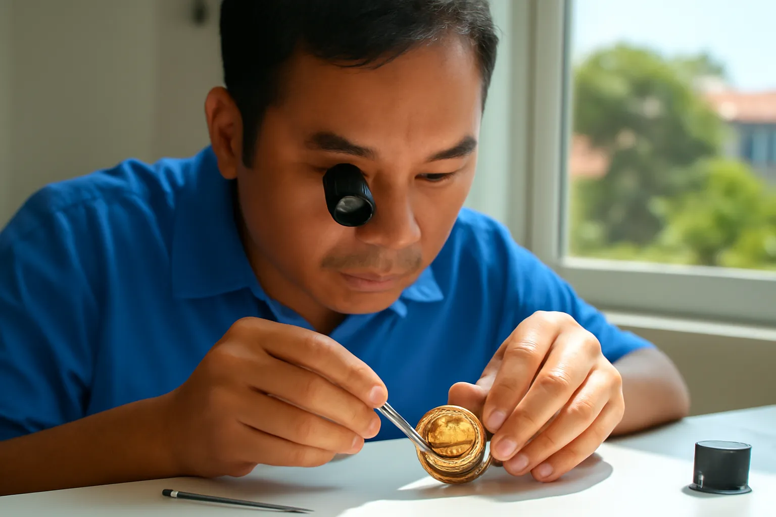Người thợ đồng hồ soi bộ máy nhỏ dưới kính lúp trên bàn làm việc