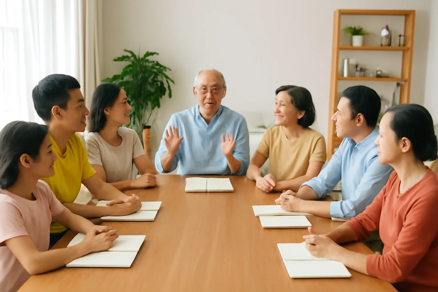 Gia đình nhiều thế hệ họp quanh bàn dài trong phòng khách sáng
