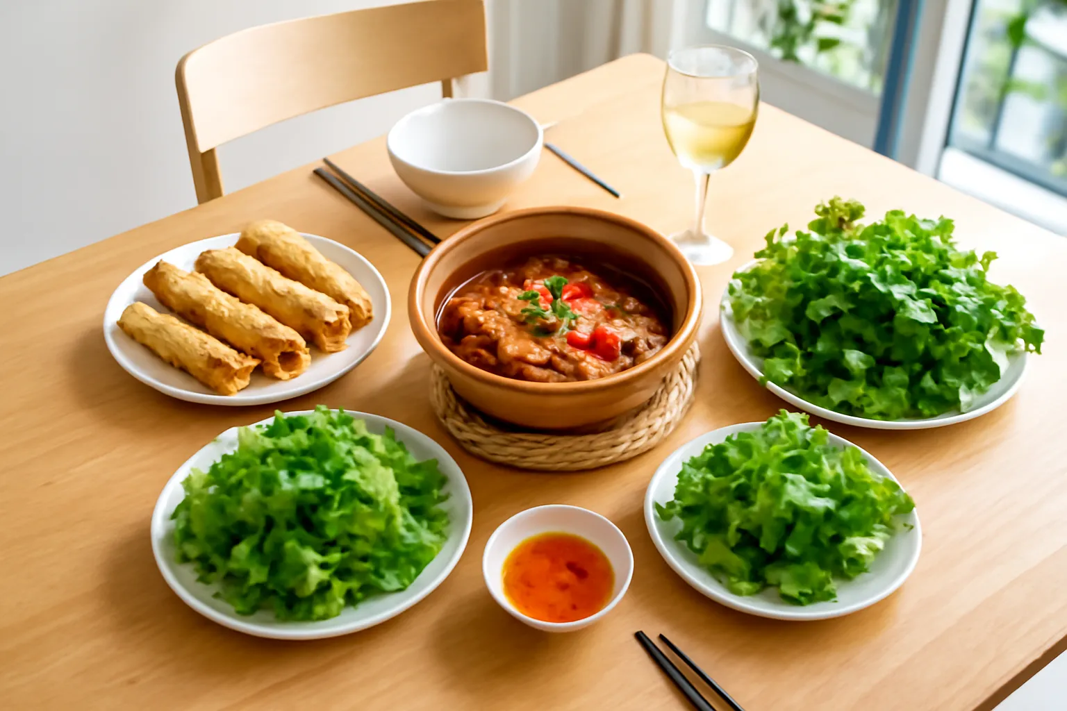 Mâm cơm Việt với chả giò gỏi cuốn bên ly vang trắng