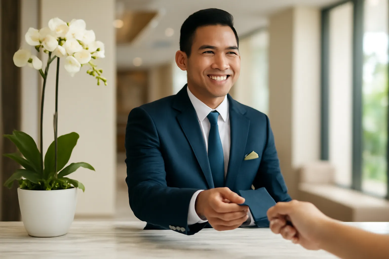 Nhân viên khách sạn mỉm cười trao chìa khoá phòng ở sảnh đón