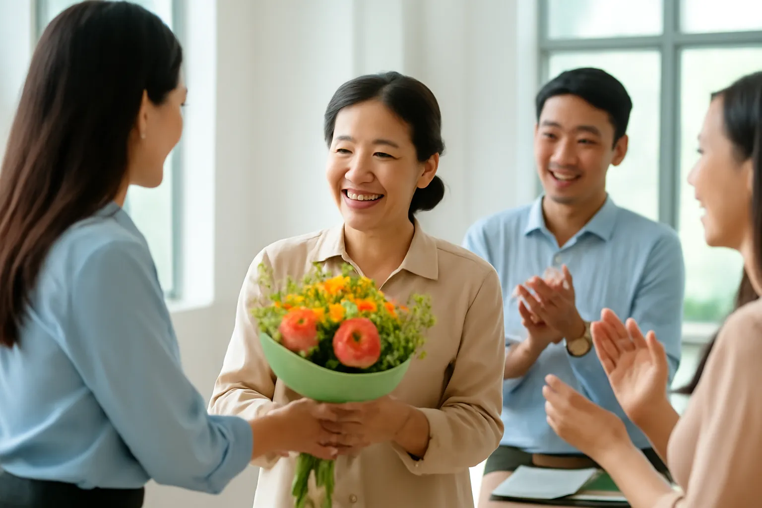 Người phụ nữ trung niên mỉm cười nhận bó hoa chúc mừng từ đồng nghiệp