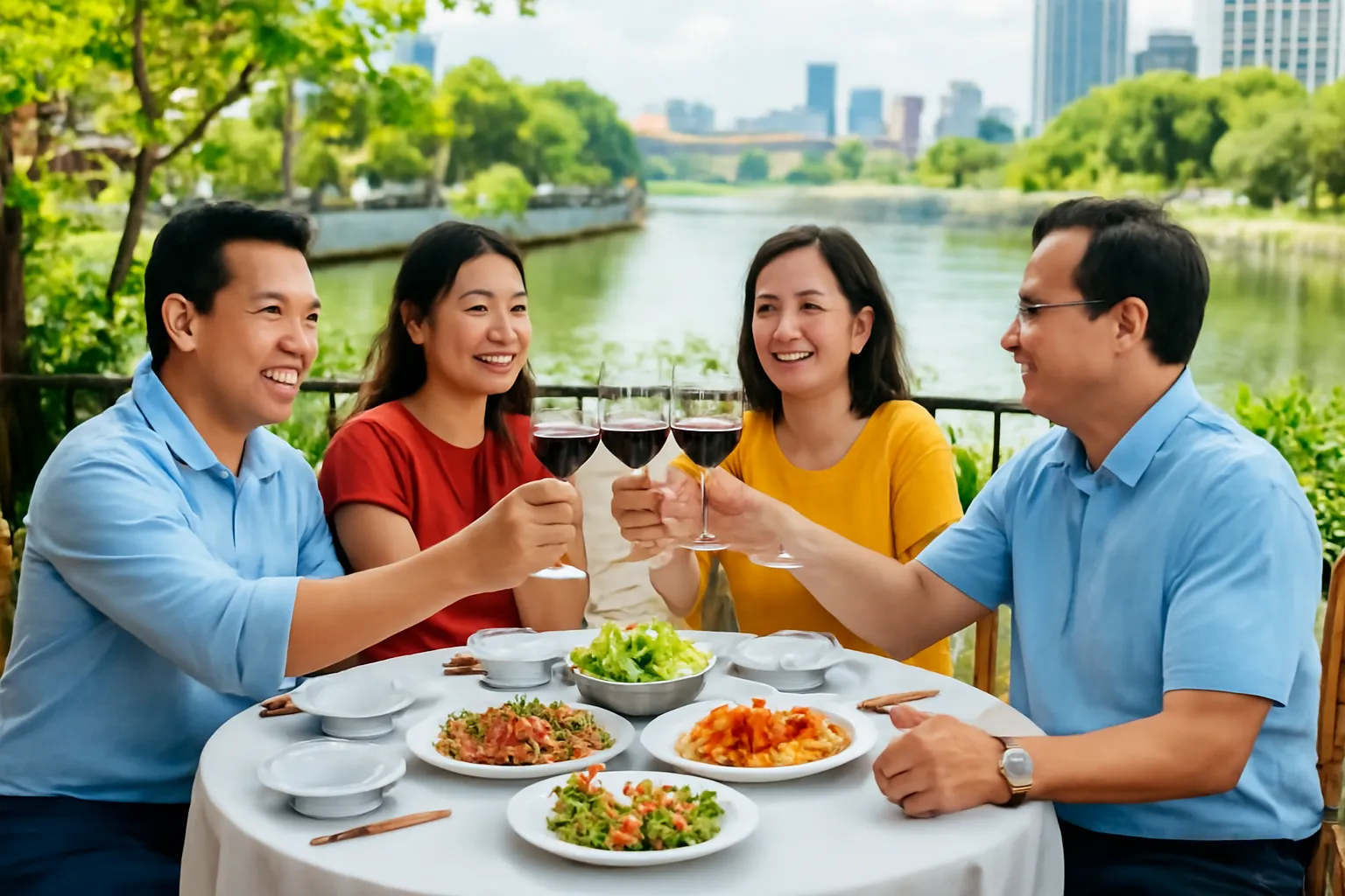 Bàn tiệc tối với mọi người cùng nâng ly mỉm cười
