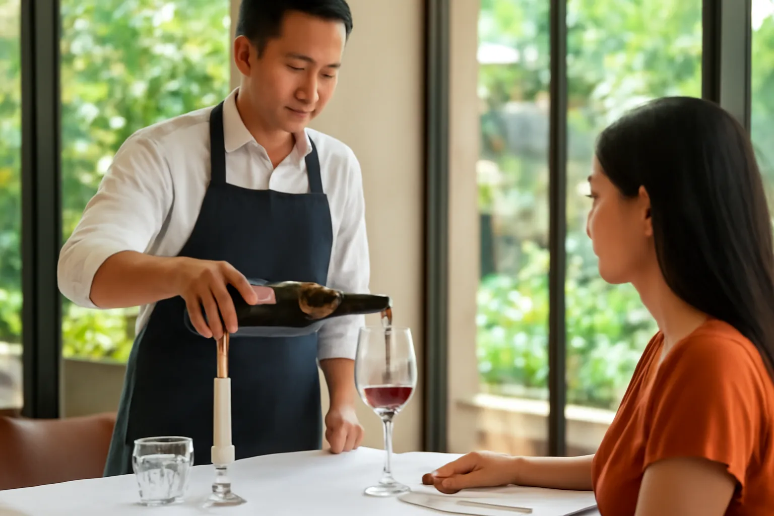 Người phục vụ rượu rót một chút vang đỏ vào ly cho khách nếm