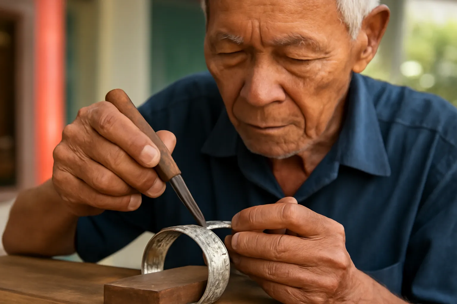 Người thợ bạc chạm hoa văn trên chiếc vòng bằng búa nhỏ