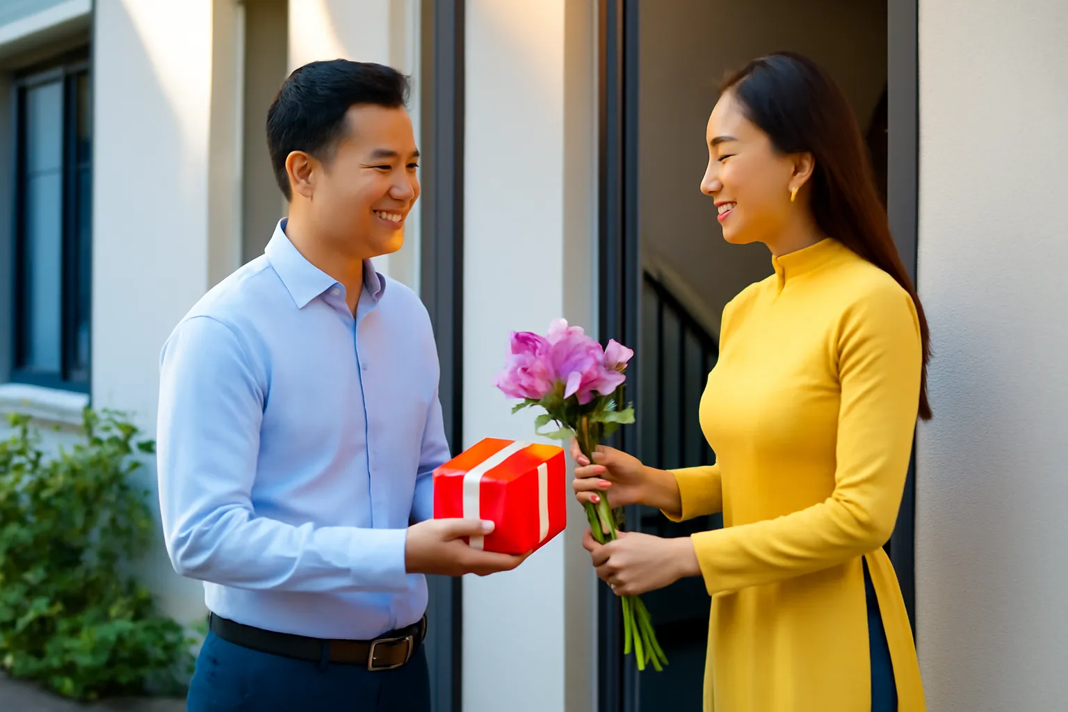 Vị khách trao bó hoa nhỏ cho chủ nhà ở cửa ra vào buổi tối