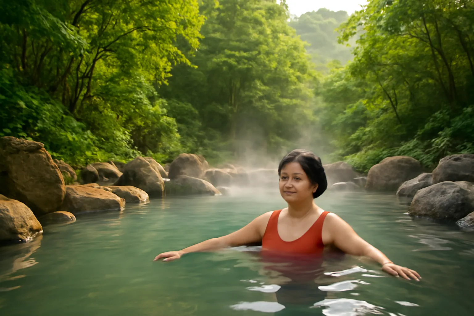 Người phụ nữ thư giãn bên hồ khoáng nóng giữa rừng thông