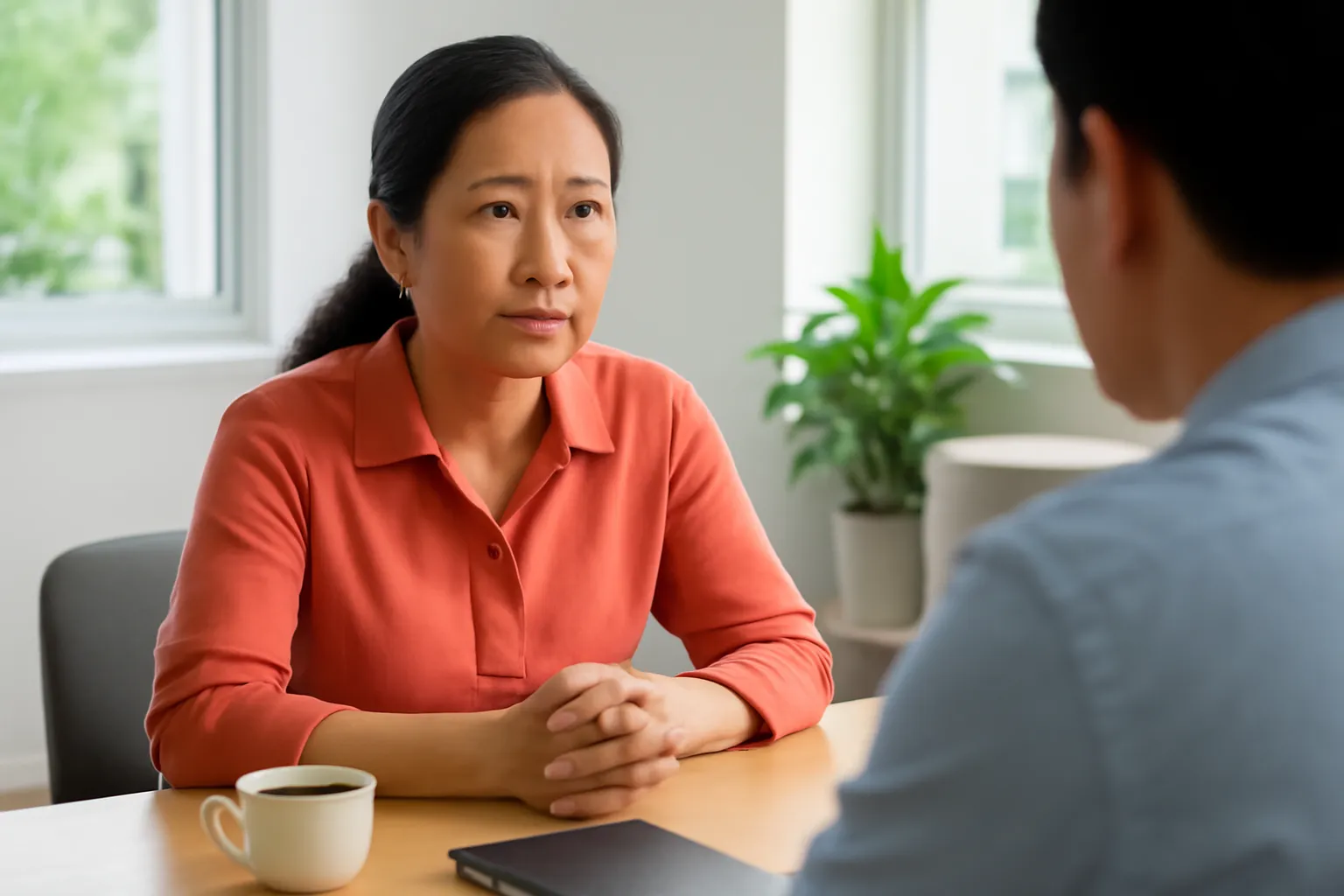 Hai người trao đổi bên bàn họp với tách trà và sổ tay