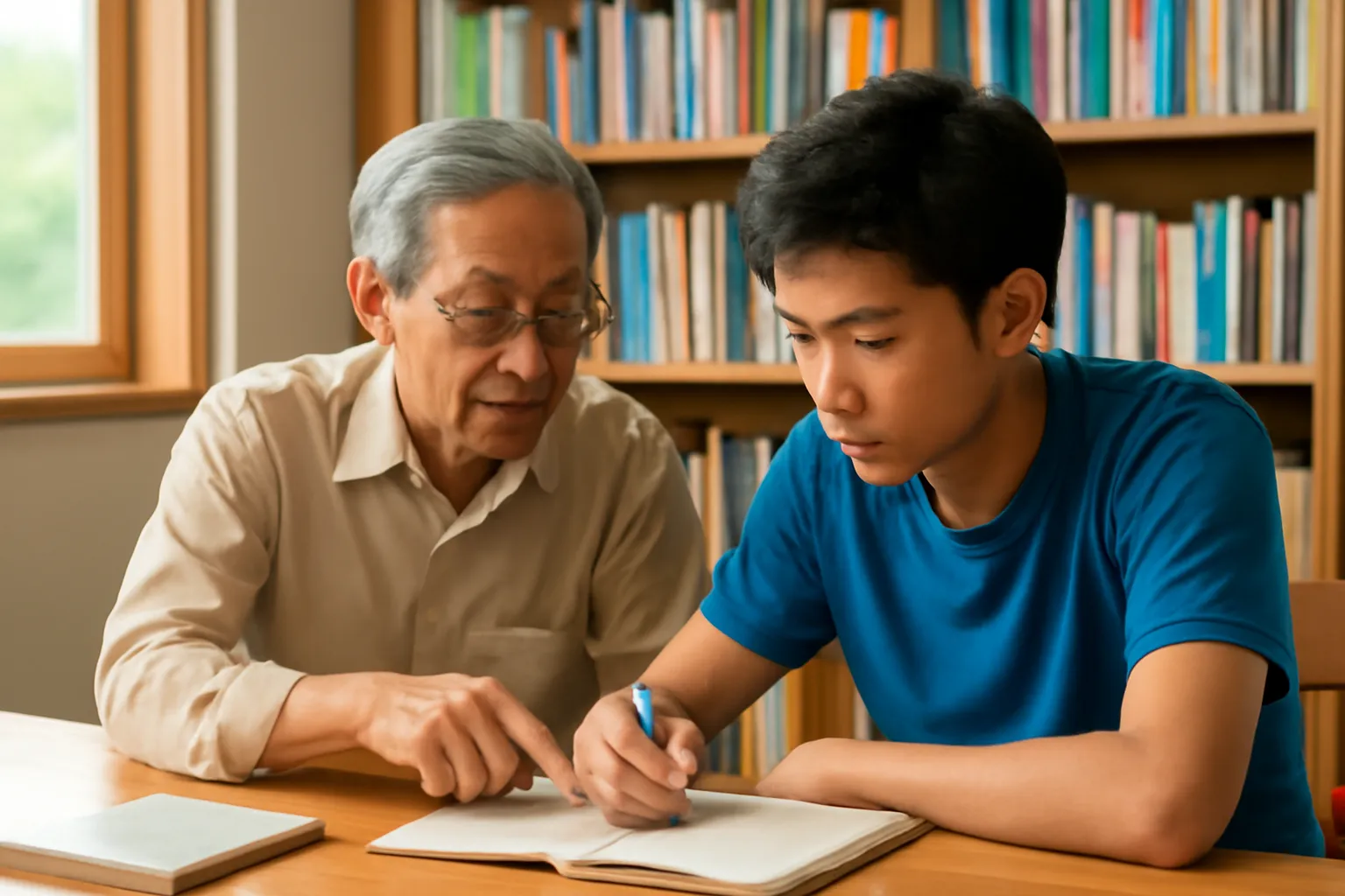 Người thầy lớn tuổi chỉ dẫn cậu học trò bên bàn học gỗ