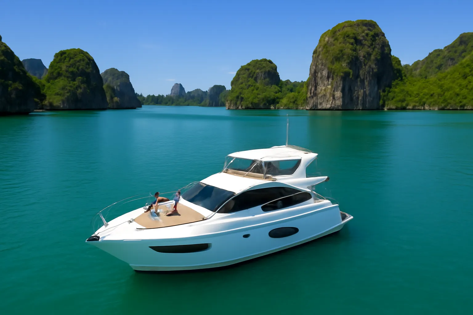 Du thuyền trắng neo giữa vịnh đá vôi xanh ngọc