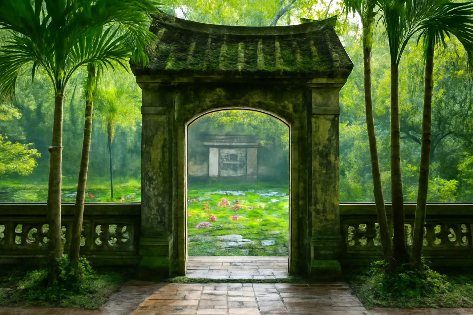 Cổng nhà vườn Huế rêu phong dưới hàng cau xanh