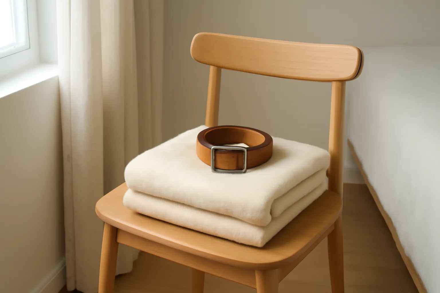 Chiếc áo len cashmere màu kem gấp gọn trên ghế gỗ