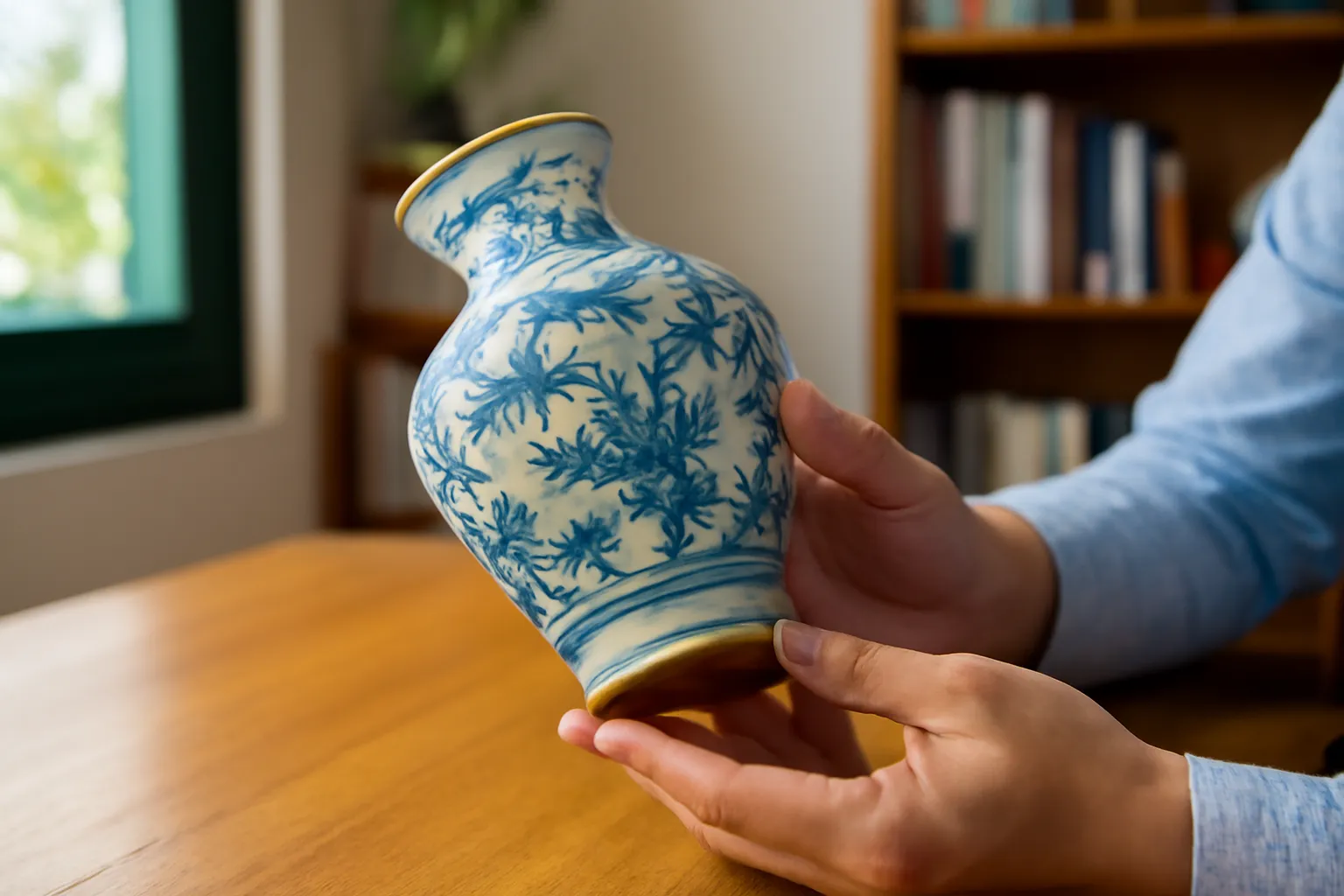 Chiếc bình gốm hoa lam cổ được lật nghiêng xem chân đế