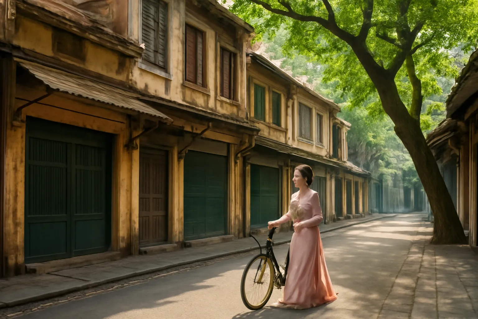 Phố cổ Hà Nội buổi sớm với mái ngói và hàng cây cổ thụ