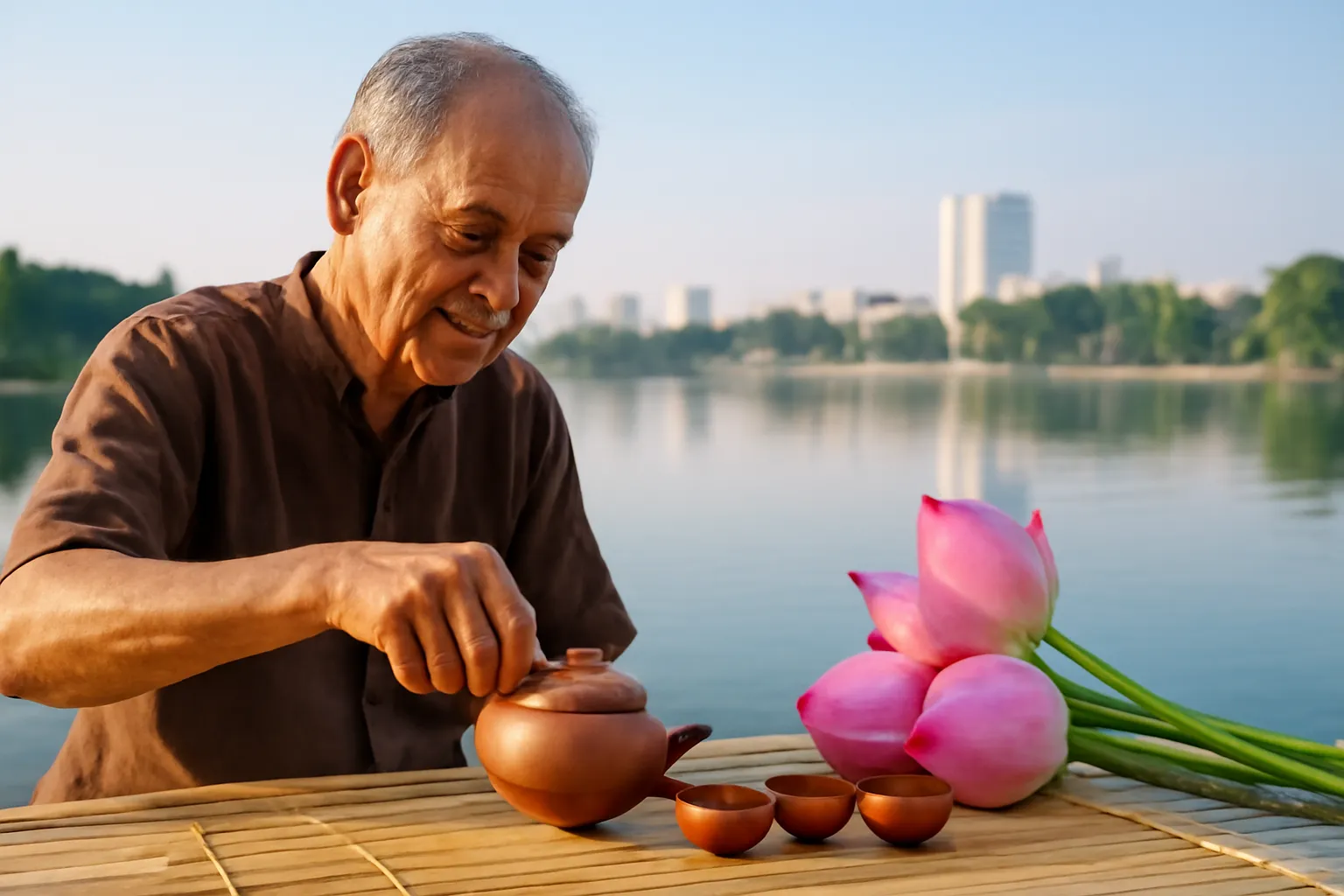 Ấm trà gốm và chén nhỏ đặt cạnh bông sen trên chiếu tre buổi sớm
