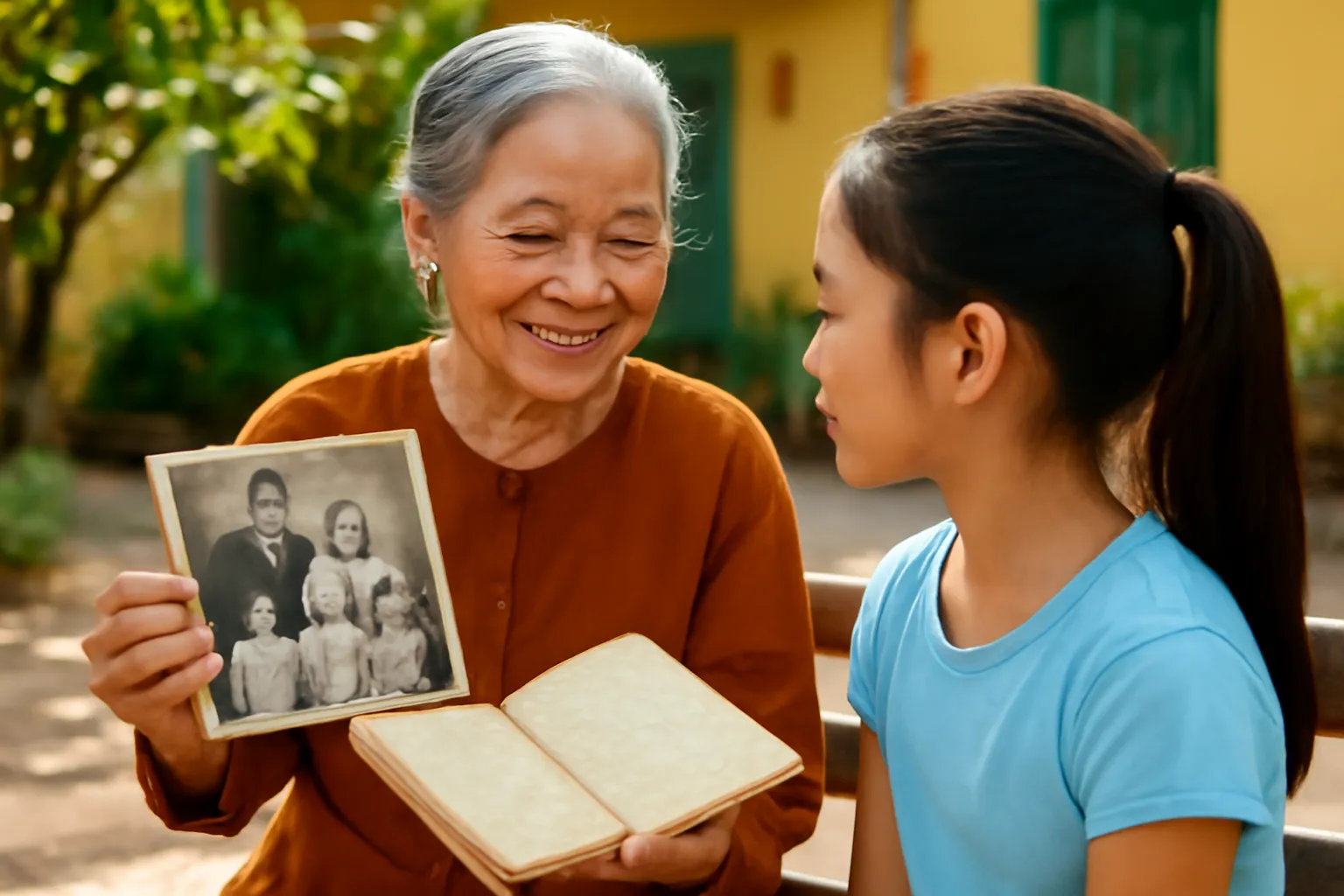 Bà cụ cho cháu gái xem cuốn sổ cũ và tấm ảnh đen trắng