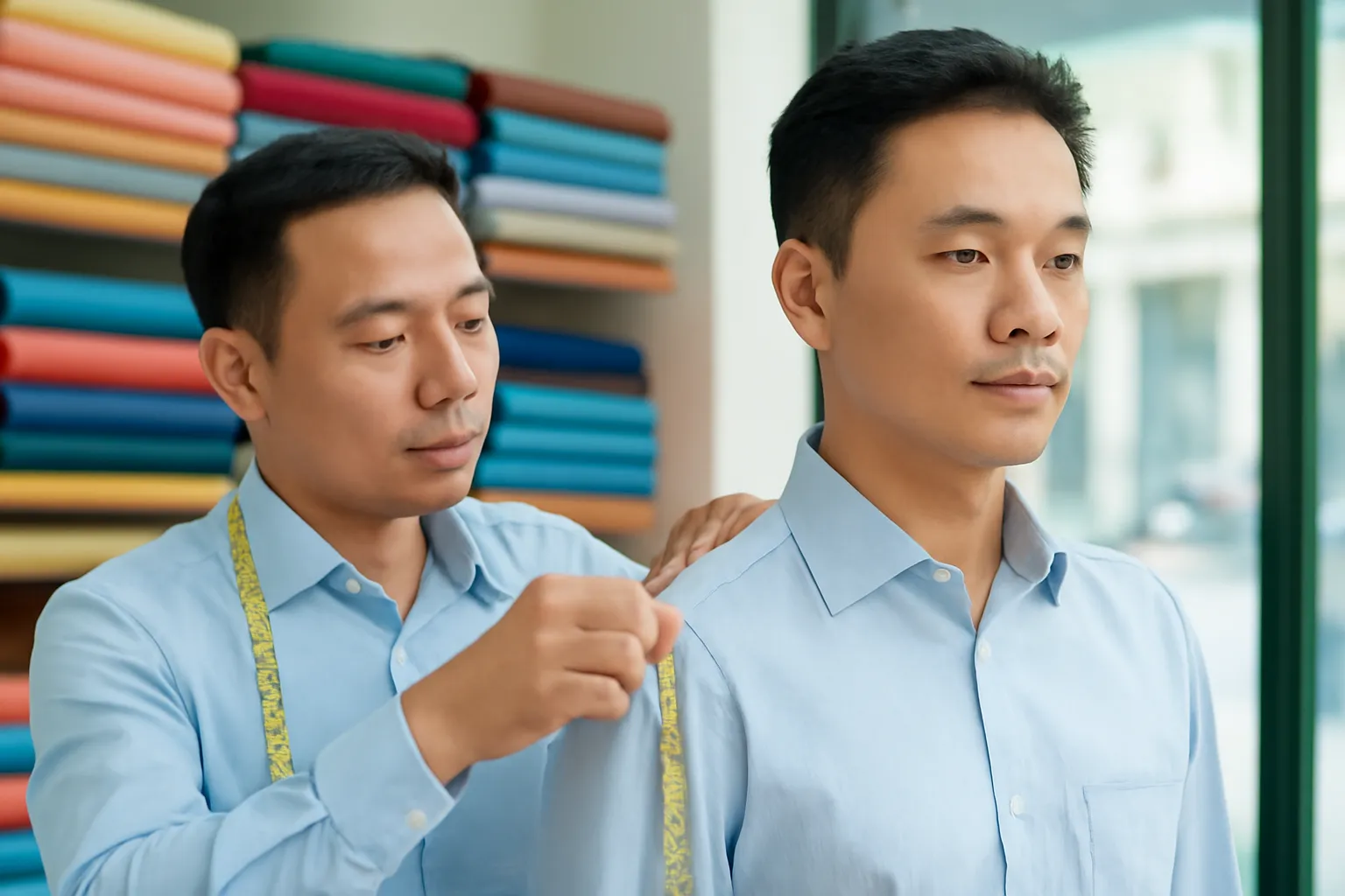 Người thợ may đo đang lấy số đo vai cho khách nam