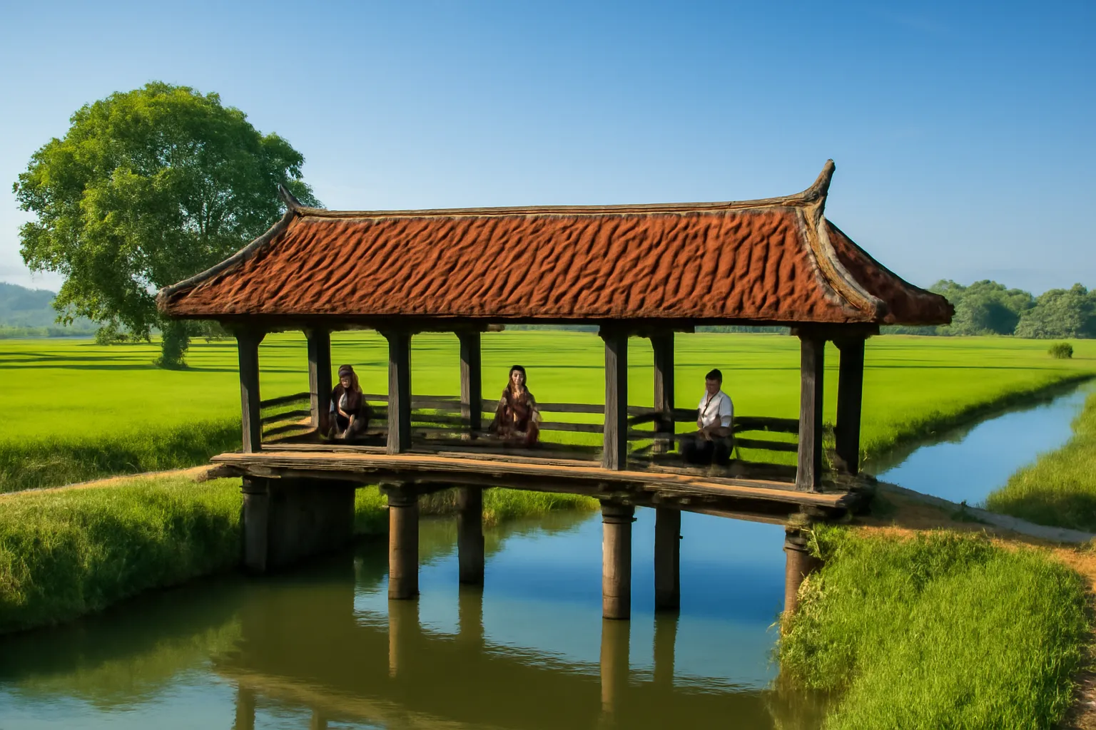 Cây cầu ngói cổ bắc qua dòng kênh giữa cánh đồng lúa