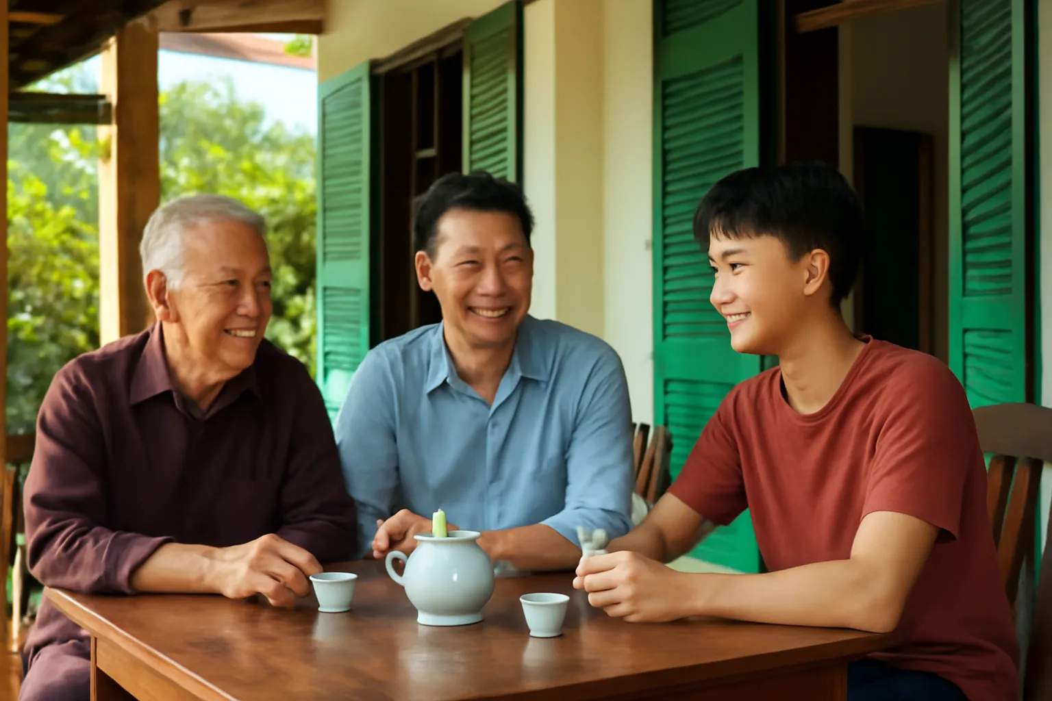 Ba thế hệ trong một gia đình ngồi quanh bàn trà ở hiên nhà