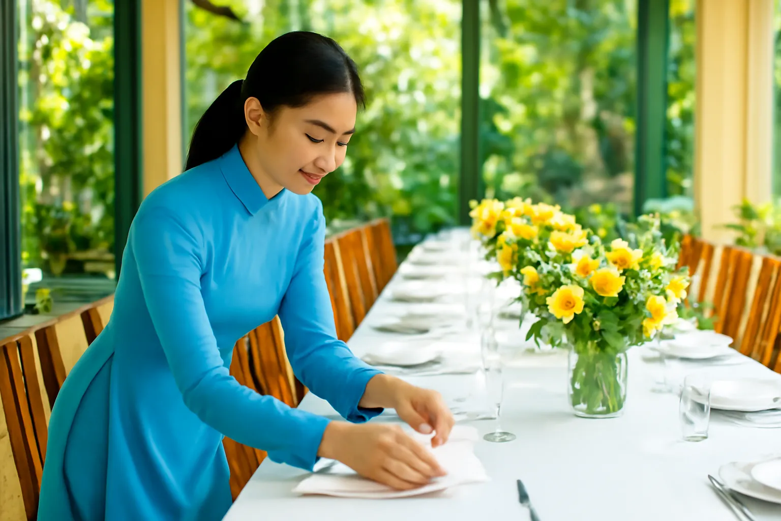 Chủ nhà đặt thẻ tên chỗ ngồi lên bàn tiệc dài trước giờ khách đến